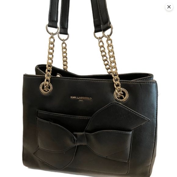 Karl Lagerfeld Black Leather Bow Gold Chain Handbag Purse, MSRP $198 - Picture 1 of 11